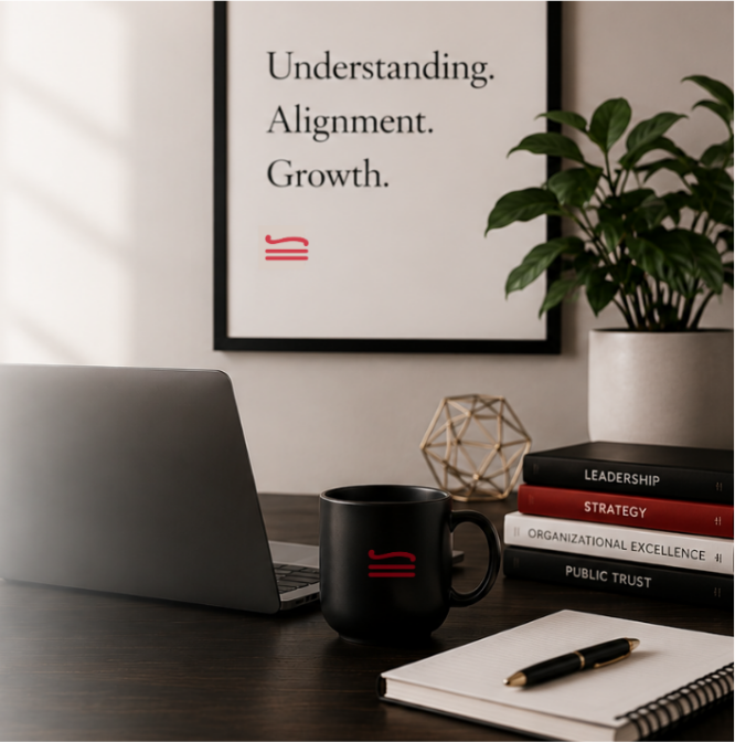 An Elle Office workspace with a laptop, branded mug, and framed Understanding, Alignment, Growth statement